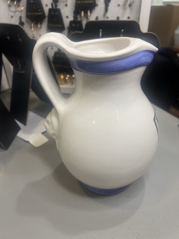 Glossy Ceramic Pitcher White Blue Round Pottery with Handles 'LAIT' Label1