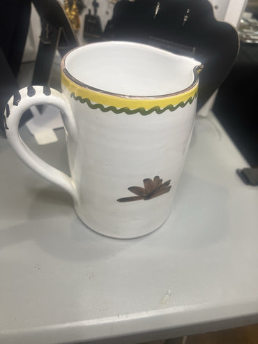 Glossy Ceramic Pitcher White Yellow Green Blue Bird Floral Round Pottery1