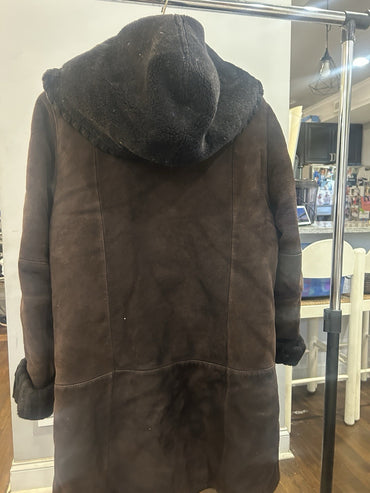 Brown Hooded Fur Trim Button Closure Long Overcoat for Women1