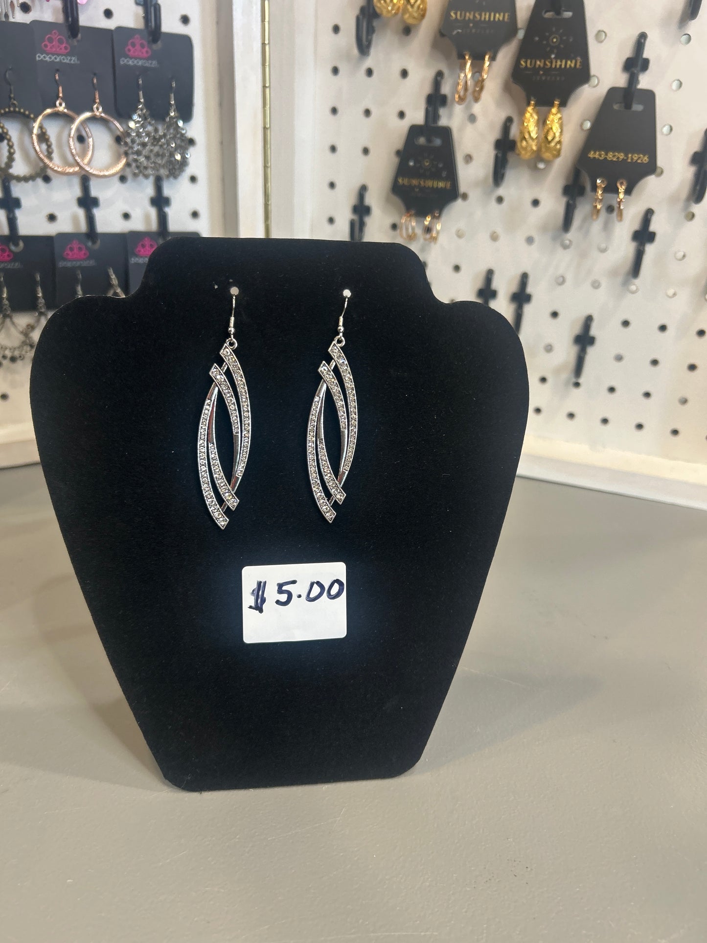 Silver Crystal Layered Bar Dangle Earrings