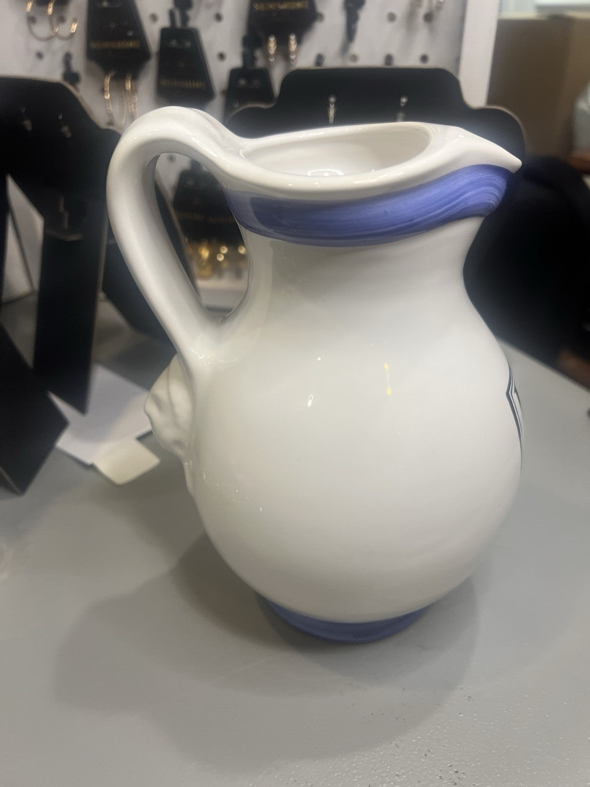 Glossy Ceramic Pitcher White Blue Round Pottery with Handles 'LAIT' Label1