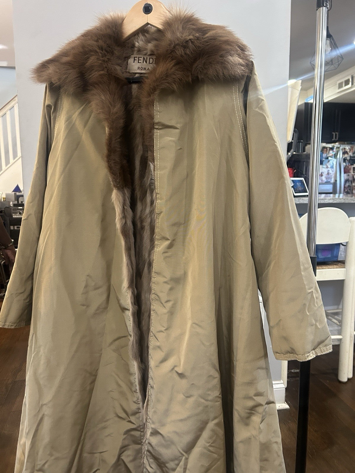 Fendi Beige Fur Trim Long Overcoat with Brown Collar for Women1