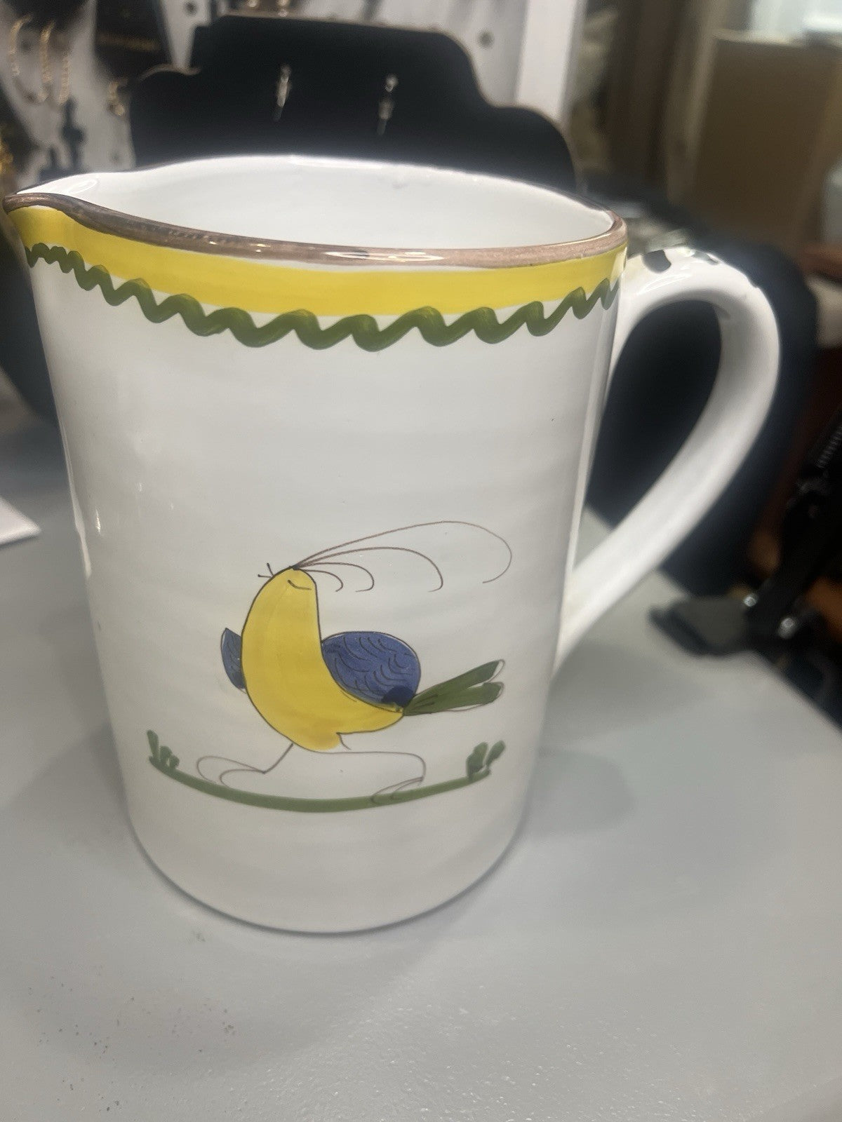 Glossy Ceramic Pitcher White Yellow Green Blue Bird Floral Round Pottery0