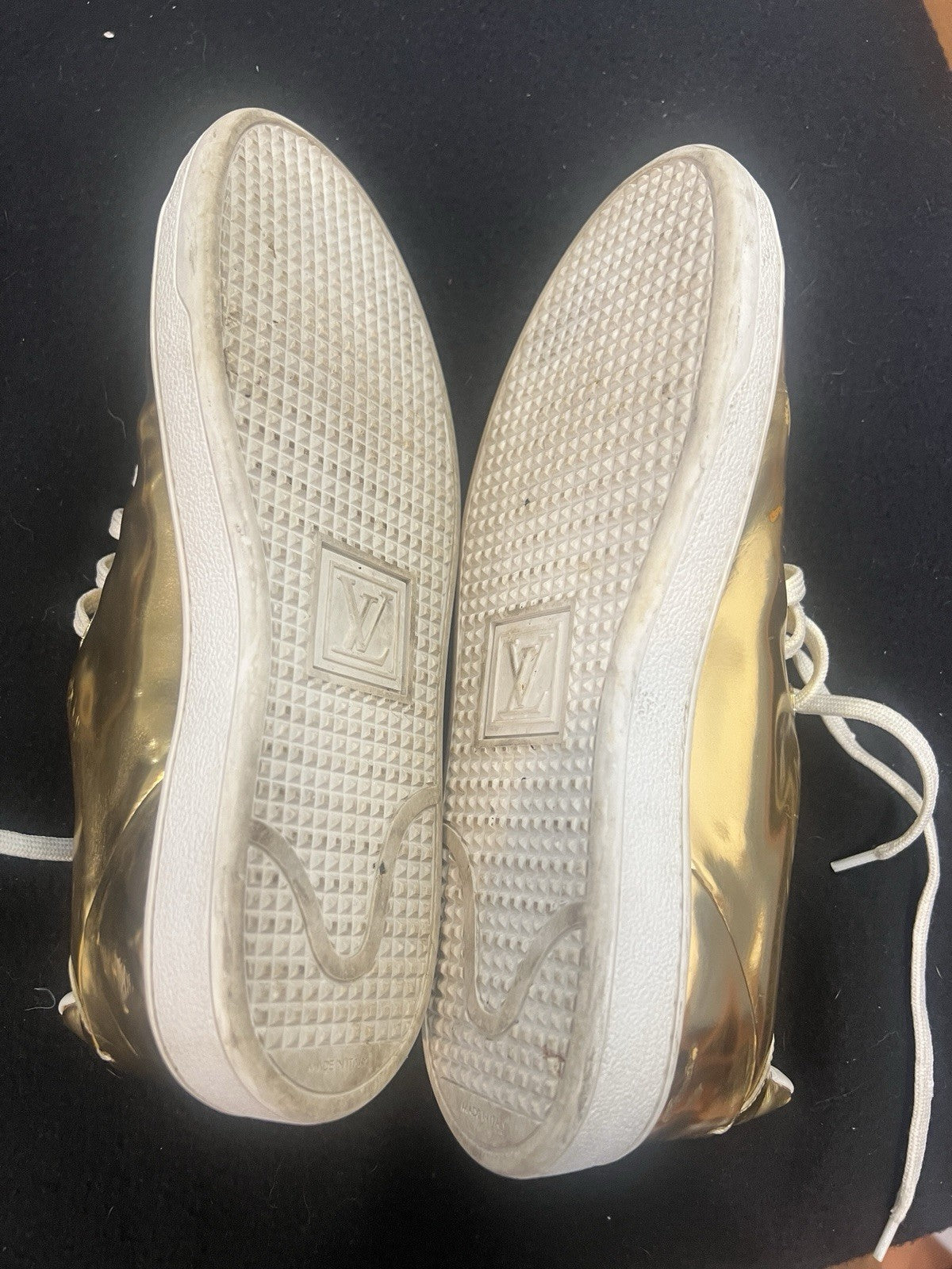 Louis Vuitton Gold Leather Sneakers Women’s 6.5 US 36.5 EU Logo Lace Up Flat2