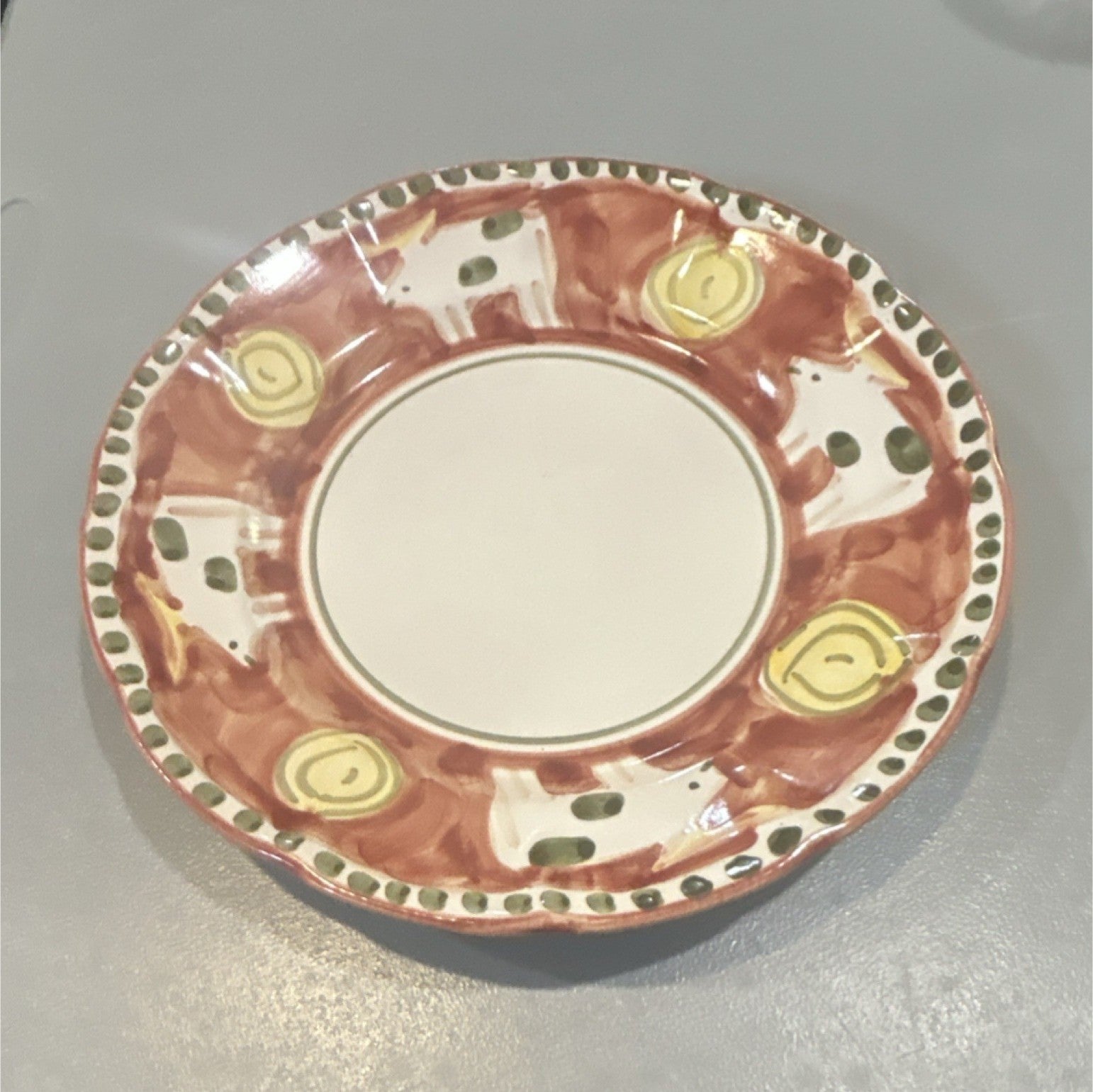 Solimene Multicolor Ceramic Round Glossy Plate Hand Painted Cows Italy0