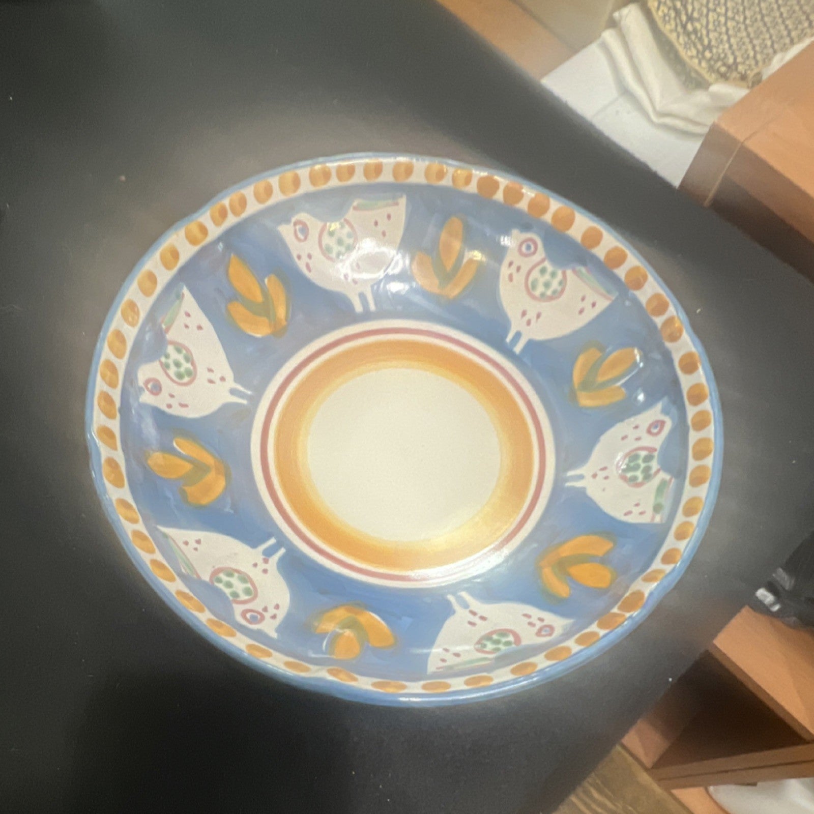 Solimene Hand Painted Ceramic Round Bowl Birds Motif Italian Art Pottery 8.5"0