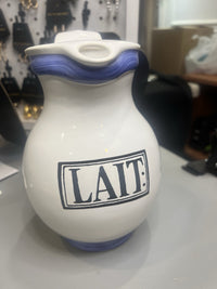 Glossy Ceramic Pitcher White Blue Round Pottery with Handles 'LAIT' Label0