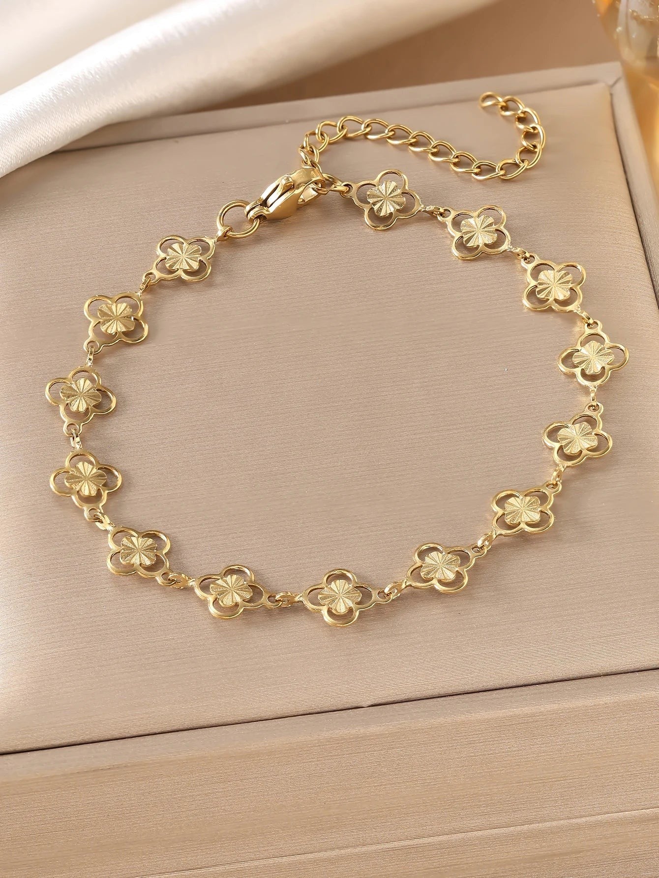 8K Gold Plated Bracelet Set of 3 | Flower Bangle, Heart & CZ Tennis Chain, Clover Link Bracelet | Women's Stackable Jewelry | JC Sunshine