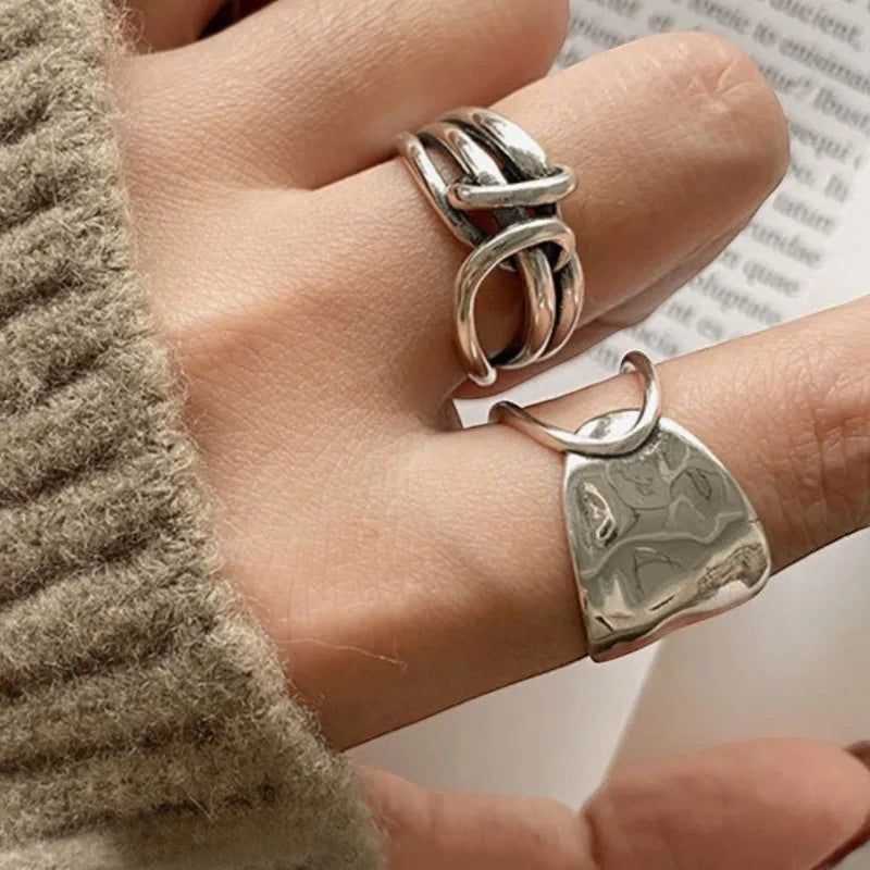 S925 Sterling Silver 3-Piece Ring Set | Matte Wide Band, Open Cuff & CZ Crossover Rings | Adjustable Stackable Set | JC Sunshine