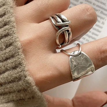 S925 Sterling Silver 3-Piece Ring Set | Matte Wide Band, Open Cuff & CZ Crossover Rings | Adjustable Stackable Set | JC Sunshine