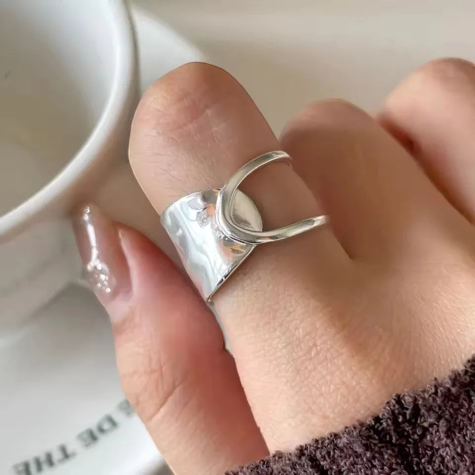 S925 Sterling Silver 3-Piece Ring Set | Matte Wide Band, Open Cuff & CZ Crossover Rings | Adjustable Stackable Set | JC Sunshine