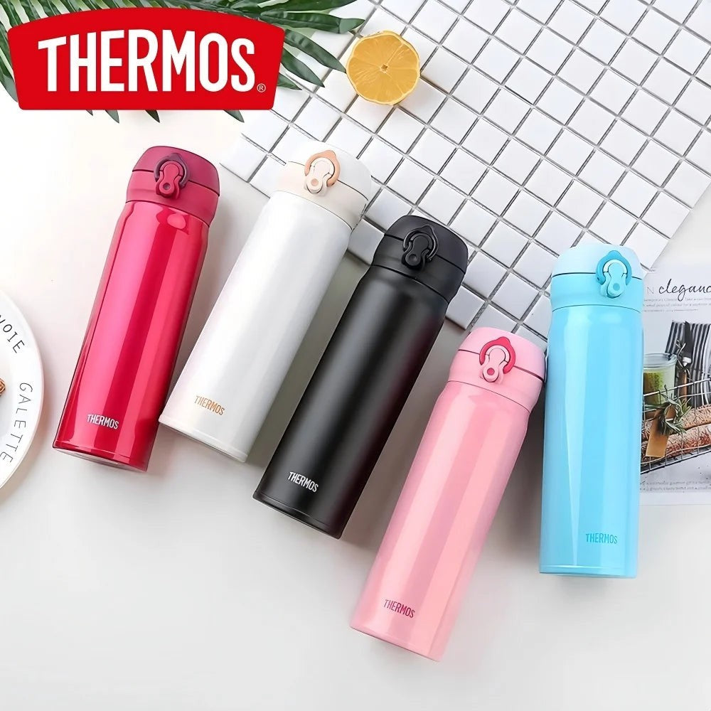 Thermos Stainless Steel Vacuum Flask 350ml/500ml | One-Touch Insulated Travel Bottle | Keep Hot & Cold | 5 Colors | JC Sunshine