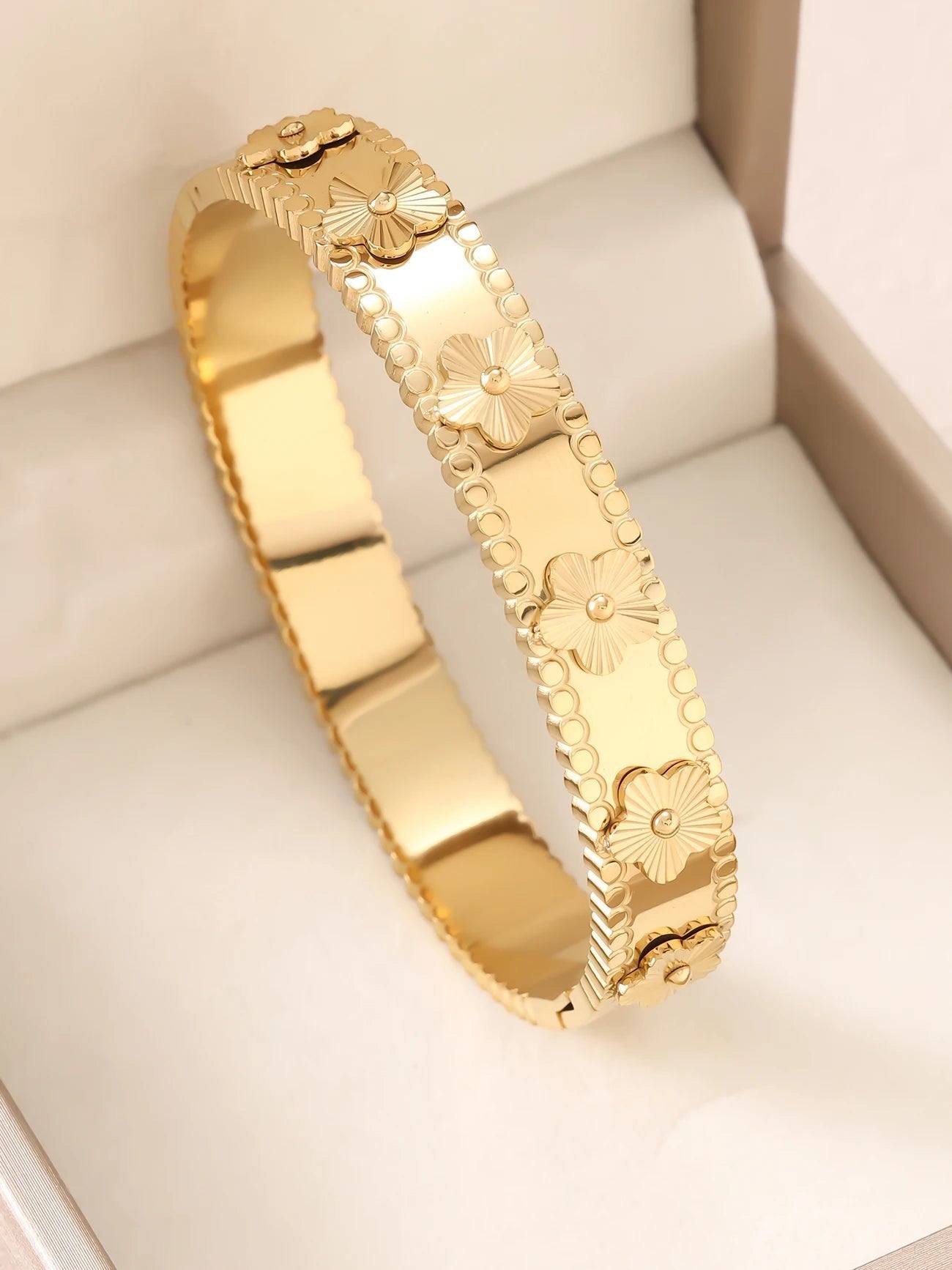8K Gold Plated Bracelet Set of 3 | Flower Bangle, Heart & CZ Tennis Chain, Clover Link Bracelet | Women's Stackable Jewelry | JC Sunshine