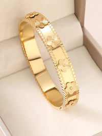 8K Gold Plated Bracelet Set of 3 | Flower Bangle, Heart & CZ Tennis Chain, Clover Link Bracelet | Women's Stackable Jewelry | JC Sunshine