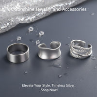 JC Sunshine Jewelry and Accessories three sterling silver rings: wide band, curved wrap, and layered band with cutouts.