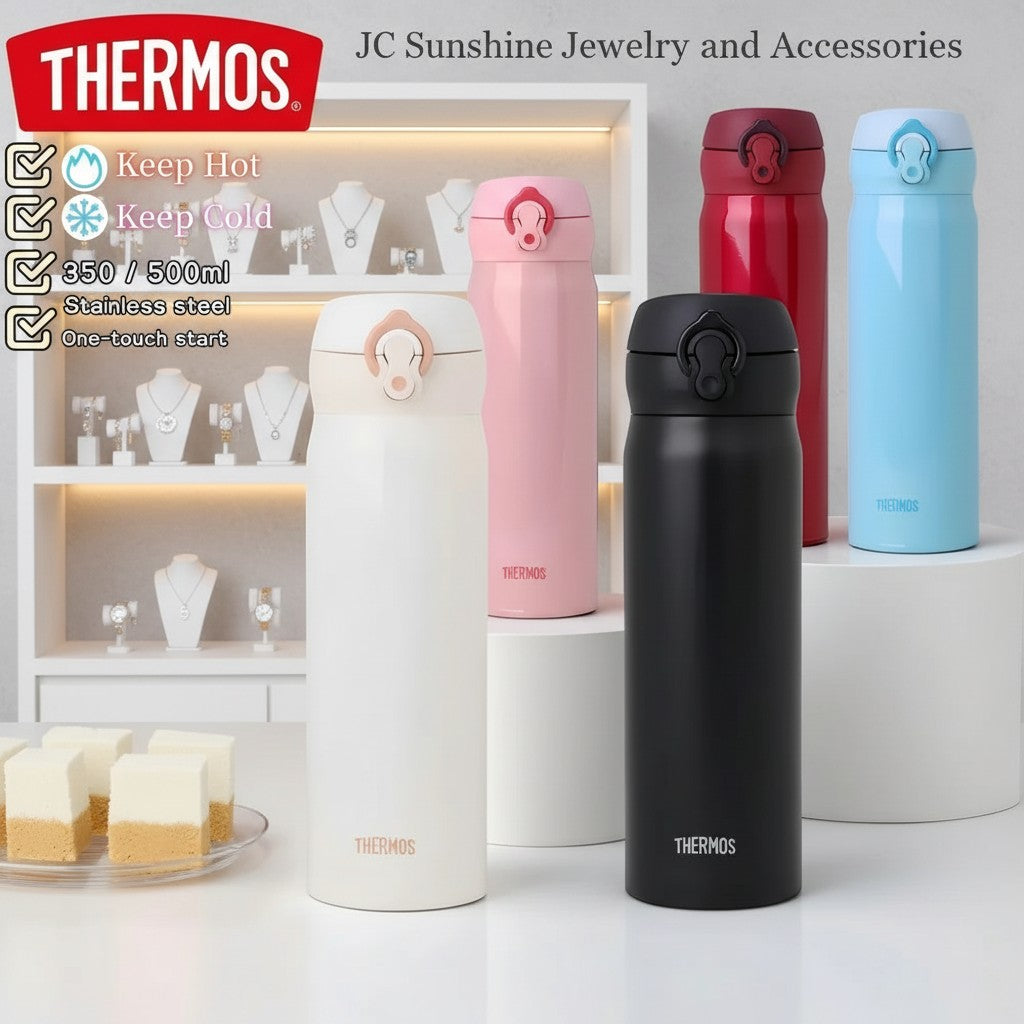 JC Sunshine Jewelry and Accessories THERMOS 350/500ml stainless steel vacuum flask, available in white, pink, black, red, and blue. Features one-touch start and keeps drinks hot or cold for 6+ hours.