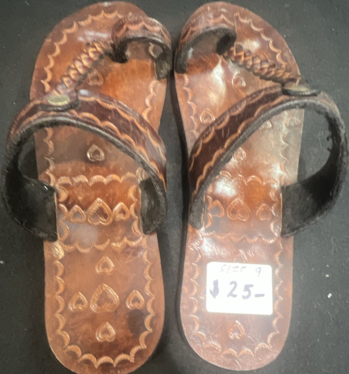 Brown/Black Embroidered Tooled Thong Slip-On Sandals for Women Casual Size 90