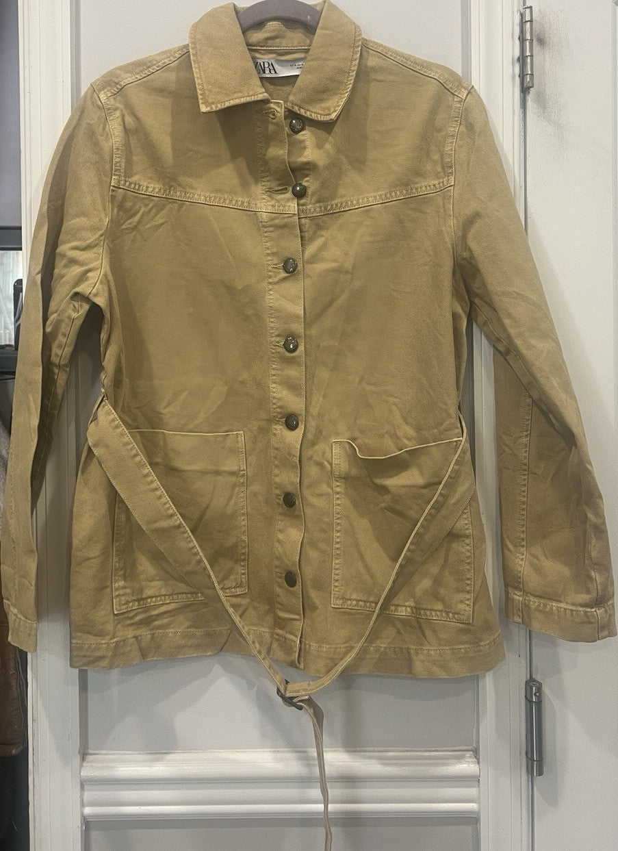 ZARA Women’s Beige Button Belted Collared Jacket w/ Pockets Long Sleeve Size M0