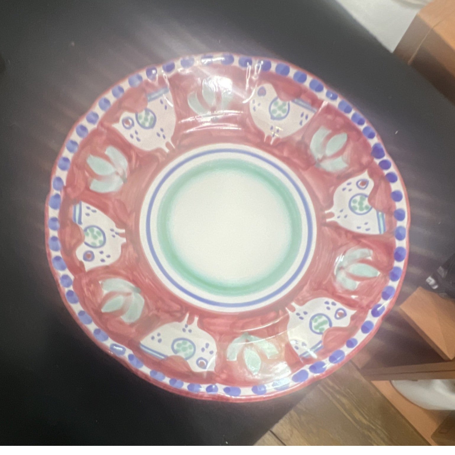 Nathalie Lété Ceramic Round Bowl Hand Painted Decorative Birds Glossy 9.75"0