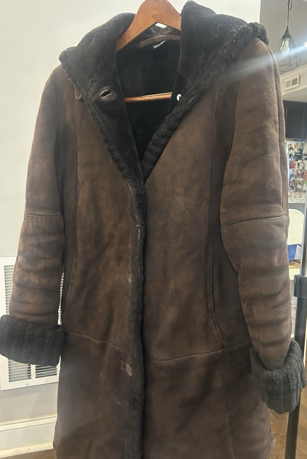 Brown Hooded Fur Trim Button Closure Long Overcoat for Women0