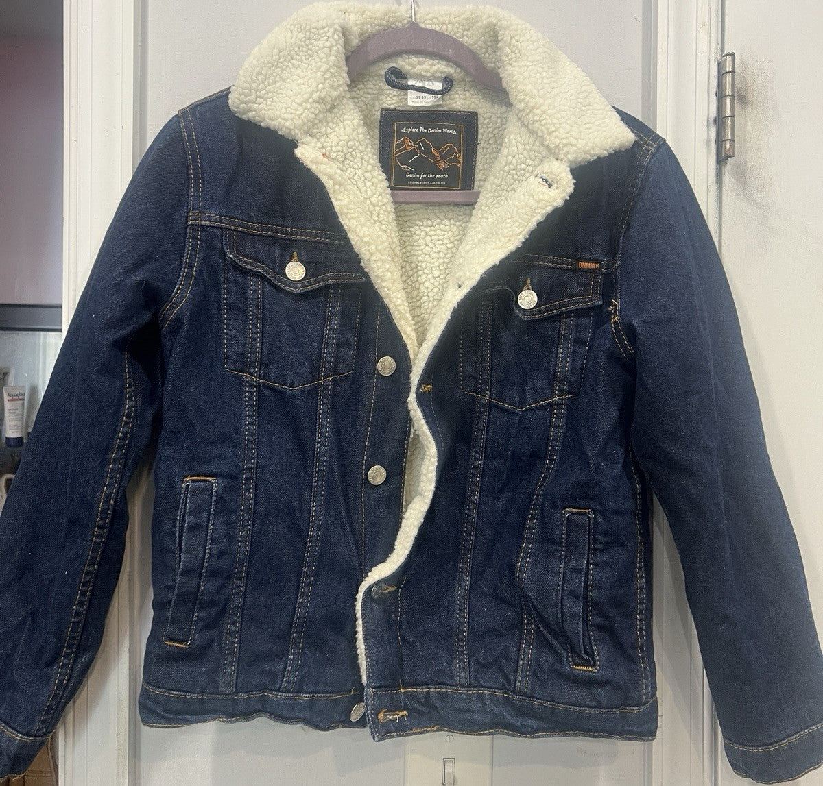 ZARA Boys Denim Sherpa Lined Jacket Blue White Size 11-12 152 Button Collared0